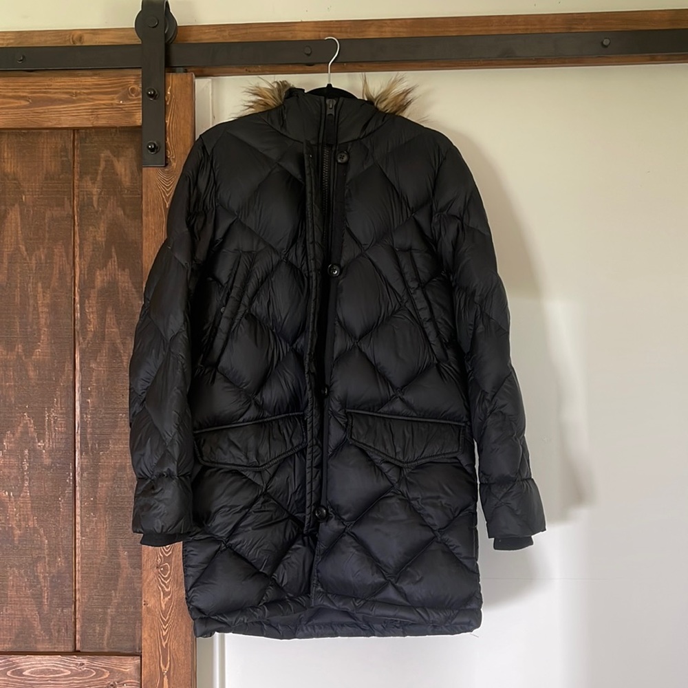 long Abercrombie and fitch puffer coat with hood in medium